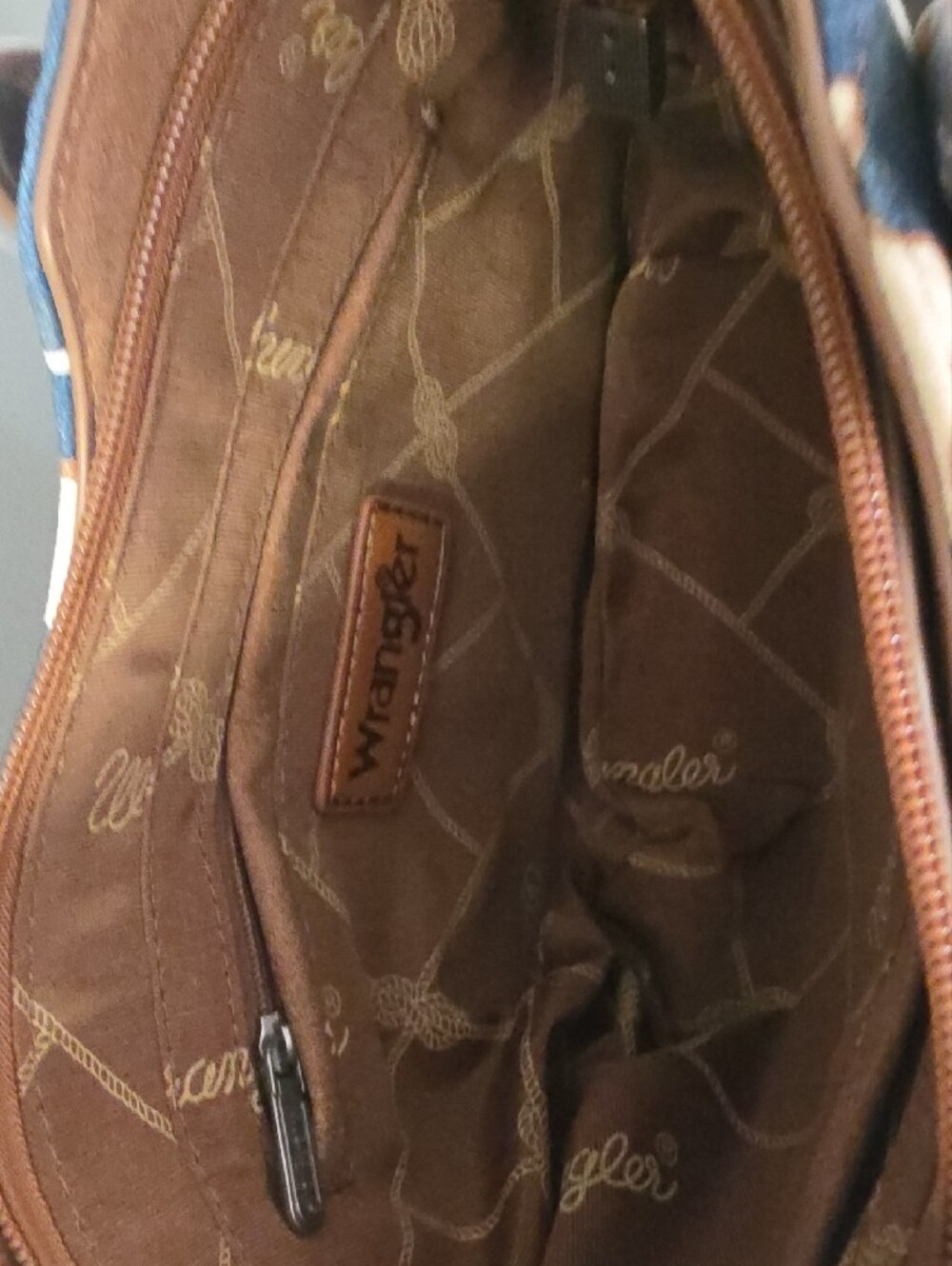 Wrangler Blue & Brown Cow Print Cross Body Tote Bag - Picture 4 of 7